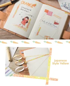 Detail of 3-roll Japanese style orange washi tape set applied on a brown leather notebook