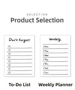 Detail showing two layout styles of memo pads featuring to-do lists and weekly plans