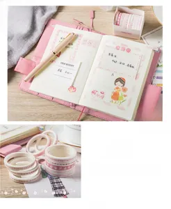 Detail of pink cherry blossom washi tape rolls and DIY journal decoration layout