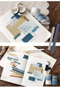 Close-up of decorative washi tape set with geometric patterns for DIY scrapbooking journaling