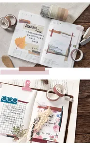 Macro view of autumn-themed washi tape set on vintage paper with dried leaves and flowers