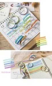Close-up of 10-roll rainbow washi tape set applied on planners, 8mm x 2m per roll