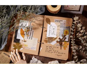 Vue macro d'autocollants PET floraux vintage et fleurs séchées sur un carnet en kraft