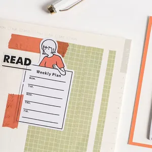 Weekly plan sticky notes featuring a girl illustration on a grid notebook with a pen