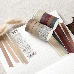 Vintage 10-roll washi tape set in earth tones with grid and newspaper patterns