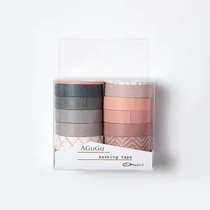 Set of 10 Morandi colored masking tapes with plaid and wavy patterns in clear box