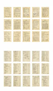 Detailed grid display of vintage math and ledger scrapbooking papers with aged textures