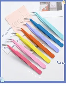 Close-up of ESD-15 curved stainless steel precision tweezers in pastel macaron colors