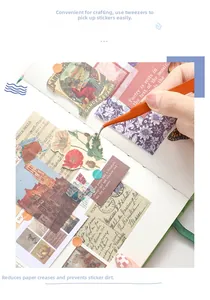 Macro shot of orange curved tweezers picking up vintage stickers on a white notebook