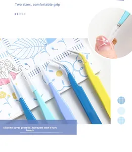Detail view of colorful macaron tweezers with protective silicone tips and two tip types