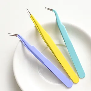 Precision stainless steel tweezers set in macaron colors including straight and curved tips