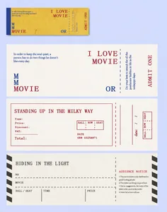 Detail of vintage movie ticket memo pads with four retro cinema layouts for scrapbooking