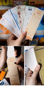 Detailed macro view showing vintage-style ticket memo pads with clear retro printing