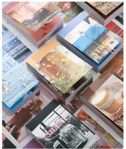 Detailed view of Light and Street series aesthetic cards on a white stone surface