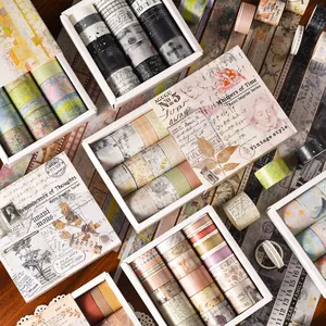 Vintage washi tape set with antique sketches and retro handwriting for DIY journals