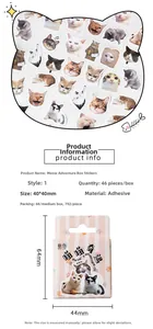 Macro detail showing 46 pieces of cute cat stickers with precise size measurements