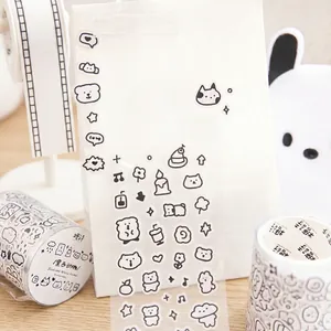 Minimalist black and white cartoon animal tape set on a white paper bag background