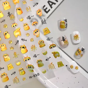 Laser lucky cat nail stickers with cute cartoon kittens and festive gold lettering