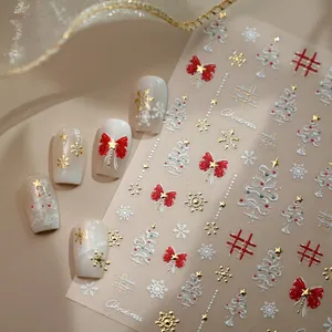 3D Embossed Christmas Nail Stickers Snowflake Red Bow Gold Foil Self-Adhesive Nail Art Decals For Christmas Party Women Manicure Decoration