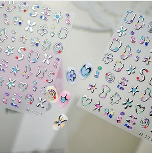 Macro detail of 3D silver embossed star nail stickers with colorful glitter dots M1223