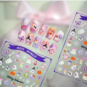 Detalle de pegatinas de uñas Halloween KX486 con fantasmas, calabazas y motivos de bruja
