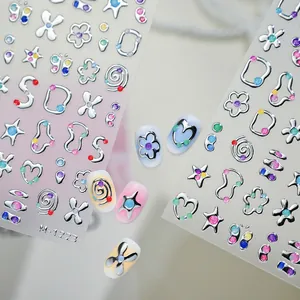 Star and floral nail stickers M1223 with silver metallic lines and glitter details