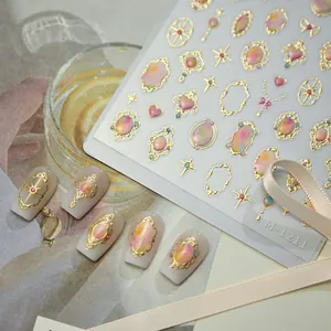 Baroque style gold embossed nail art stickers with jewel frame design on fake nails