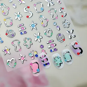 Sweet 3D star and heart nail stickers with silver metallic borders and glitter finish