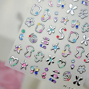 Sparkling 3D silver star and flower nail art stickers with colorful glitter filling