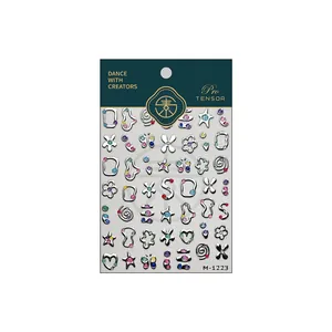 Silver glitter star and flower nail art stickers with metallic finish, style M1223
