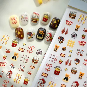 Lindas pegatinas de uñas de perros y hamburguesas para decoración de manicura creativa