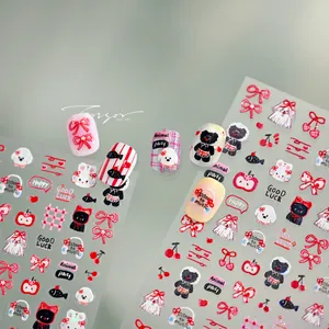 Macro detail of Japanese cartoon rabbit nail stickers with 3D embossed texture and cute dog patterns