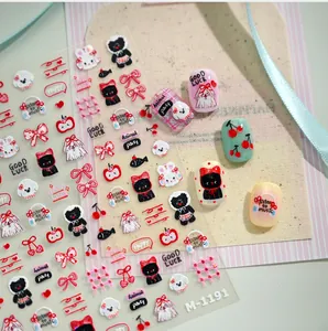 Detail view of M-1191 3D embossed nail stickers featuring cute cartoon rabbits and bears