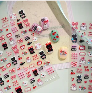Detail of M-1191 3D embossed nail stickers featuring cute cartoon rabbit and cherry designs