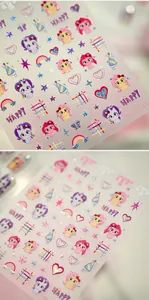 Macro shot of M1246 cartoon pony nail stickers with rainbow laser glitter effect