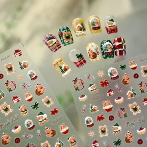 Weihnachts-Nagelsticker Set mit niedlichen Bären, Schneehäusern und 3D geprägten Festmustern