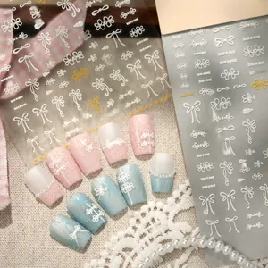 Autocollants à Ongles en Relief 5D Nouveau Chinois Vintage Bouton de Grenouille Blanc Nœud Fleur Design Dentelle Décoration Ongles