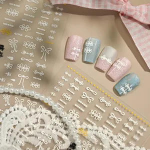 Autocollants nail art style chinois rétro avec nœuds blancs et motifs floraux sur ongles