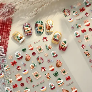 3D Weihnachts-Nagelaufkleber mit Teddybären und Tannenbäumen für festliches Nageldesign