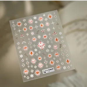 Close-up of 3D embossed Christmas nail stickers featuring snowmen and snowflakes