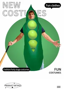 Detail shot of green pea pod costume with three dimensional peas for adult party cosplay