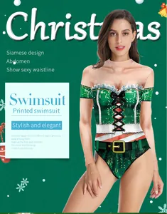 Detail of long sleeve swimsuit featuring Christmas print and 3D festive pattern design