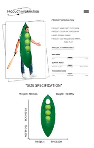 Detailed size guide for pea pod cosplay costume made of soft sponge fabric