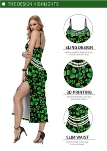 Macro detail of St. Patrick’s clover print, adjustable straps, and slit on the dress