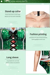 Detail view of 3D Christmas print swimwear with stand-up collar and long sleeves