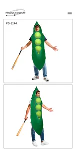 Vertical view of a green pea pod costume for adults with three 3D peas and foam structure