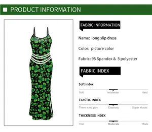 Detail view of St. Patrick’s clover dress fabric composition and elasticity specs