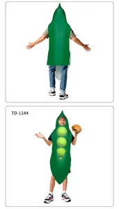 Detailed front and back views of adult and child pea pod cosplay costumes in green