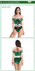 Front and back view of long-sleeve Christmas bodysuit with green elf sequin digital print