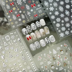Christmas 5D Embossed Nail Art Stickers Snowflake Reindeer Tree Bow Designs Gold Silver Metallic Self Adhesive Holiday Winter Nail Decals For Women DIY Manicure